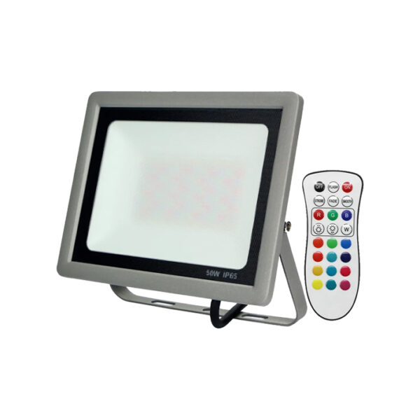 Projetor LED Slim c/Comando Cinza 50W RGBW IP65