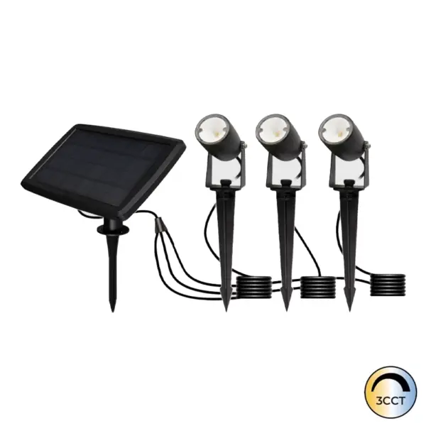 Kit de 3 Projetores LED Solar c/Espeto Preto 1W CCT3 IP65